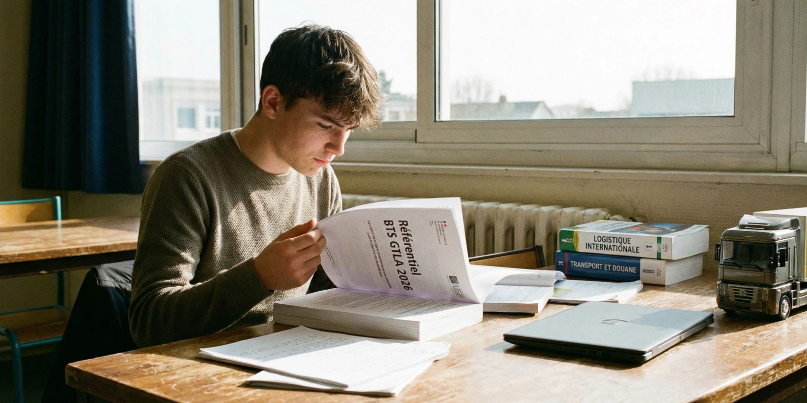 Référentiel BTS GTLA 2026 : Réforme, Épreuves & Coefficients Étudiant en BTS GTLA consultant le référentiel officiel transport et logistique 2026